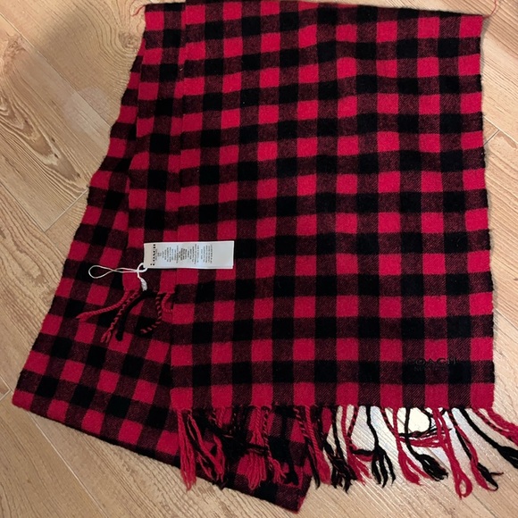 Coach Wool Cashmere Blend Buffalo Check Plaid Scarf Red Men's Preppy - Picture 1 of 4